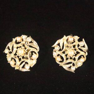 Vintage Sarah Coventry Gold-Tone Clip-On Earrings With Faux Pearls & Rhinestones